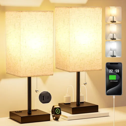 Vista 20 de Fenmzee Juego de 2 lámparas de noche para dormitorio, pequeña lámpara rectangular para mesita de noche con puerto de carga USB A C, luz