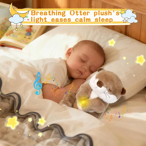 Vista 11 de LUKETURE Peluche de nutria respiratoria con movimiento rítmico, luz nocturna suave y ruido blanco, compañero de peluche calmante para relajación
