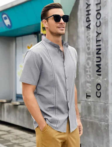 Vista 4 de Ryannology Camisas guayabera de lino de manga corta con botones para hombre, estilo casual, playa, campamento cubano, camisa mexicana para hombre