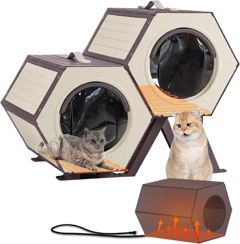 Vista 8 de GUTINNEEN Casa para gatos con calefacción expandible para múltiples gatos, aislada para invierno, cálido refugio para gatos con calentador ajustable
