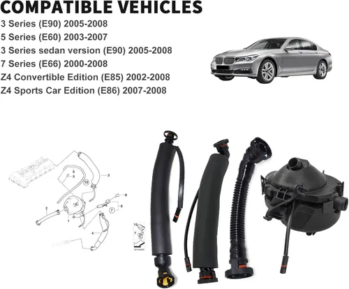 Vista 5 de Juego de 4 mangueras de respiración de cárter + separador de aceite para BMW 1 (E87) 2003-2013 3 (E90) 2004-2012 3 Touring (E91) 2004-2012 5 (E60)