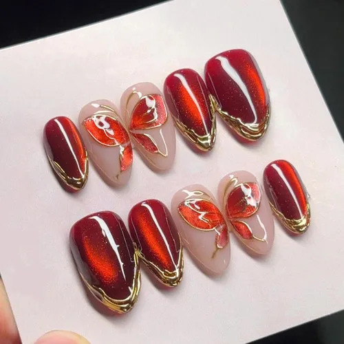 Vista 7 de Nude French Tip Acrylic Medium Almond Press on Nails Flower Fake Nails LHD-Almond-006-03