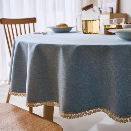 Vista 6 de Dimatic Mantel redondo con textura de lino con ribete de encaje, impermeable, a prueba de derrames, para decoración de mesa de cocina, comedor, Beige