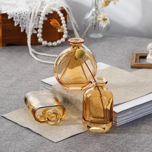 Vista 4 de Joeyan Juego de 3 jarrones de cristal ámbar – Florero decorativo rústico – Jarrón pequeño para botellas de centro de mesa para bodas, hogar