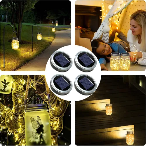 Vista 5 de Paquete de 2 tapas de luz solar para tarros de masón Luces solares impermeables con luces de hadas blancas cálidas, encendido/apagado automático