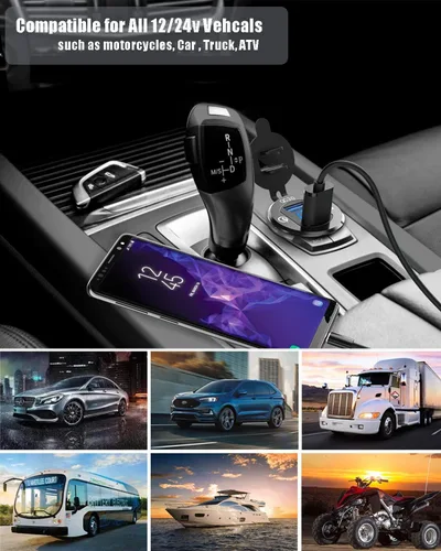 Vista 5 de Cargador de coche USB dual 3.0 de carga rápida de 12 V/24 V 36 W QC3.0 Cargador rápido USB dual toma de corriente de aluminio con voltímetro LED Azul