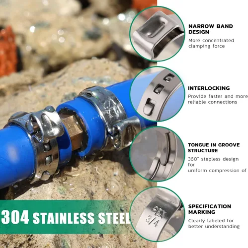 Vista 3 de OURU 54 piezas de anillo de crimpado de 1/2 pulgada PEX, abrazaderas de cincha PEX de acero inoxidable 304, abrazaderas de manguera de una oreja