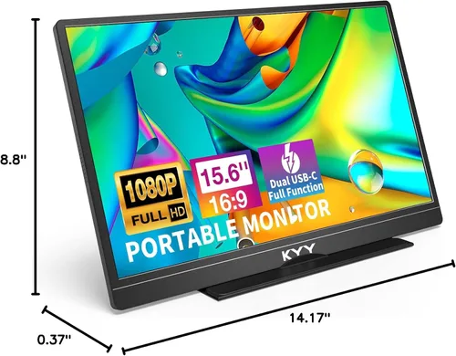 Vista 10 de KYY Monitor portátil de 15.6 pulgadas FHD 1080P USB-C HDMI con bolsa de cubierta inteligente y altavoces duales, pantalla externa de computadora