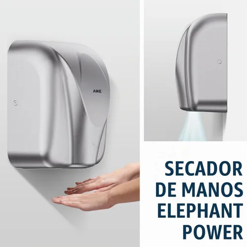 Vista 4 de Secador de manos comercial AIKE Elephant Power de alta velocidad con viento cálido automático, cubierta de acero inoxidable cepillado AC110V-130V