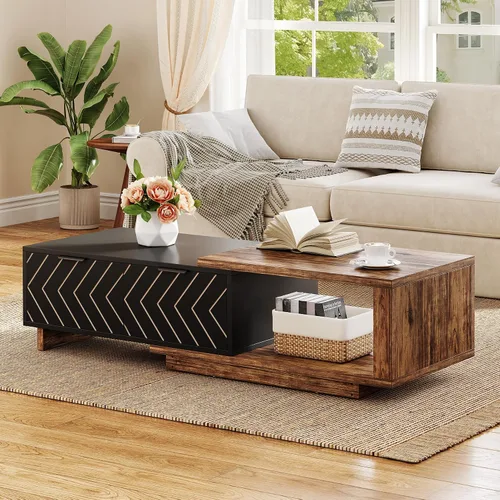 Vista 6 de LITTLE TREE Mesa auxiliar de madera expandible con 2 cajones, mesa central rectangular de granja que ahorra espacio, perfecta para sala de estar