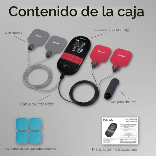 Vista 9 de Beurer EM59 Unidad TENS digital 3 en 1, EMS y terapia de calor para alivio del dolor y relajación, estimulador muscular con 2 canales ajustables, 64