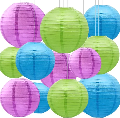 Vista 7 de Decoraciones de fiesta azules y naranjas, 12 linternas de papel para cumpleaños, baby shower, boda, decoración de fiesta