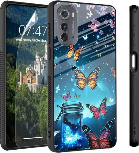 Vista 93 de Funda para Motorola Moto Edge 2022, cubierta trasera de vidrio templado con protector de pantalla, funda protectora a prueba de golpes para Motorola