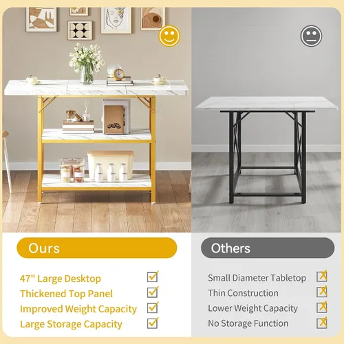 Vista 6 de DWVO Mesa de comedor rectangular de 47 pulgadas para 4 personas, mesa de cocina moderna de mármol blanco con estante de almacenamiento y patas