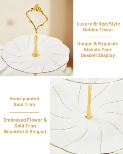 Vista 3 de DUJUST Lujo Soporte para Magdalenas de Porcelana de 3 Niveles en Forma de Torre, Bandeja de Servir de Estilo Británico con Borde Dorado, Soporte