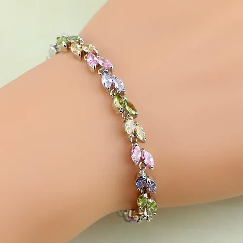 Vista 2 de Juego de joyas de plata de ley 925 con circonita cúbica multicolor para mujer, aretes, dije, collar, anillo, pulsera