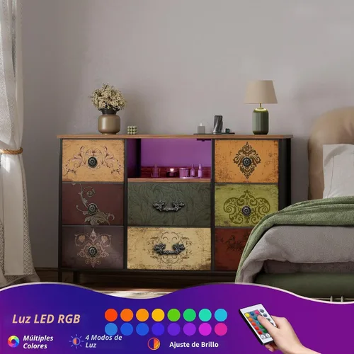 Vista 3 de VASICAR Cómoda con Patrón con Luces LED y Tomas de Corriente, Cómoda Soporte de TV con 8 Cajones para TV de 55", Cómoda de Tela con Cajones