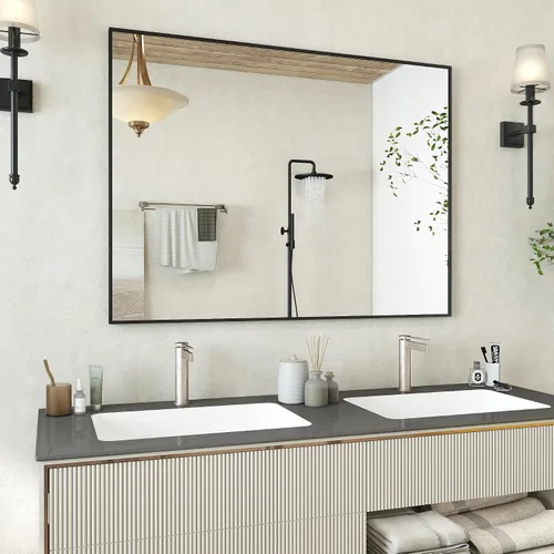 Vista 12 de [Usado] Espejo de baño con marco negro mate, espejo rectangular de tocador de 55 x 30 pulgadas, espejo de pared rectangular grande, antioxidante