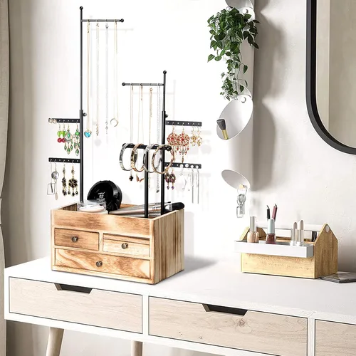 Vista 6 de Lavievert Torre organizadora de joyas con cajón de madera de doble capa caja de almacenamiento de 7 niveles soporte para joyas para collares