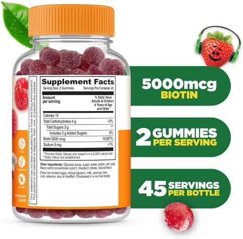 Vista 2 de Lifeable Gomitas de biotina para niños - 5000 mcg - Suplemento de sabor natural de gran sabor, vitaminas masticables vegetarianas sin OMG