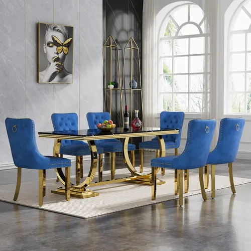 Vista 54 de HomVent Juego de mesa de comedor moderna de mármol sintético para 4 personas, mesa de cocina rectangular con 4 sillas beige (dorado)