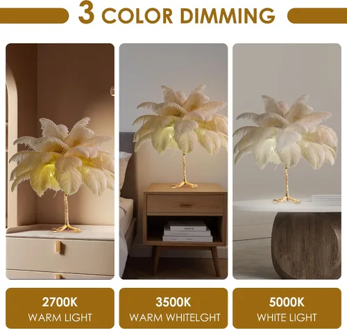 Vista 3 de MAYOLA Lámpara de mesa moderna de plumas de avestruz con cable enchufable, lámpara de pie de noche de 3 luces para sala de estar, dormitorio