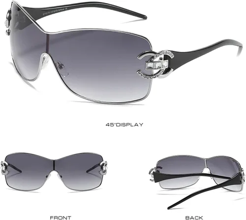 Vista 6 de Gafas de sol Y2K envolventes para mujeres y hombres, marco grande de una pieza, lentes degradados con diseño de escudo de moda