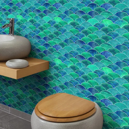 Vista 4 de Hyun-chae - 6 calcomanías de escamas de peces de 12 x 12 pulgadas, color azul, removibles, impermeables, autoadhesivas, para cocina, muebles de baño