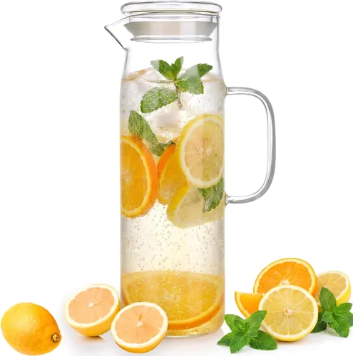 Vista 7 de hjn Jarra de vidrio con tapa, jarra de agua de vidrio con asa, jarra de agua para refrigerador, bebidas frías o calientes, té helado, leche, jugo