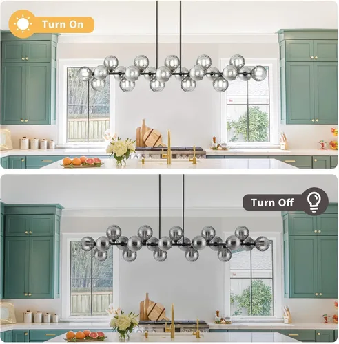 Vista 5 de Candelabro lineal negro Sputnik de 70 pulgadas, lámpara de comedor con 22 luces, globo de vidrio, lámpara lineal ahumada para granja, sala de estar