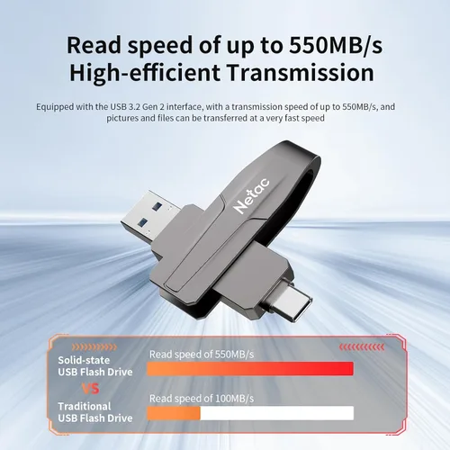 Vista 3 de Netac Unidad de estado sólido USB externa portátil de 128 GB de hasta 550 MB/s Tipo-c y USB 3.2 Interfaz dual para almacenamiento de datos