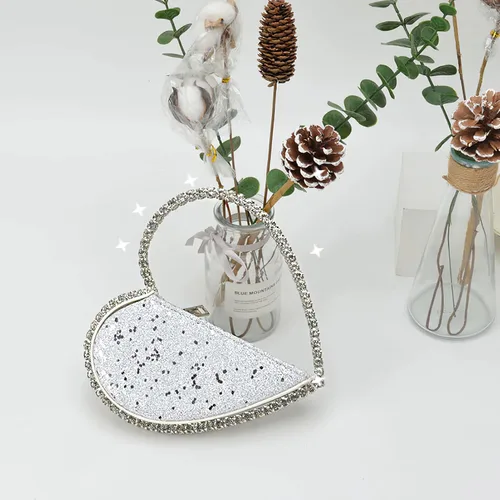 Vista 3 de Mini corazón forma redonda Rhinestone embrague bolso bolso marco diamante brillo lentejuelas brillantes bolso de noche boda fiesta