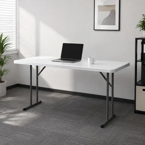 Vista 6 de Mesa plegable de 5 pies, estrecha, portátil, de plástico, resistente, mesa de seminario rectangular de polietileno de alta densidad con asa