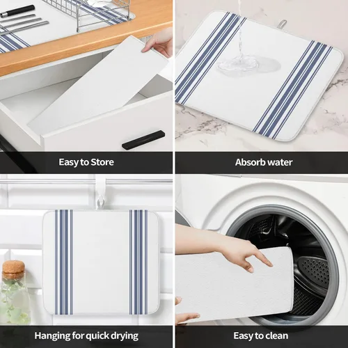 Vista 4 de Tapete de secado de platos de rayas simples de granja para encimera de cocina, almohadilla de secado de microfibra para biberones de bebé, tapete