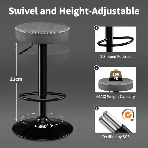 Vista 7 de STOOLINK Juego de 2 taburetes de bar ajustables sin respaldo de cocina con asiento redondo, taburetes de bar giratorios de 360° de altura de Gris