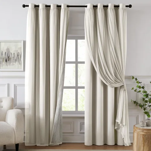 Vista 12 de cortinas 100% opacas para dormitorio, cortinas rosadas de doble capa, cortina oscura de 96 pulgadas de largo con superposición transparente