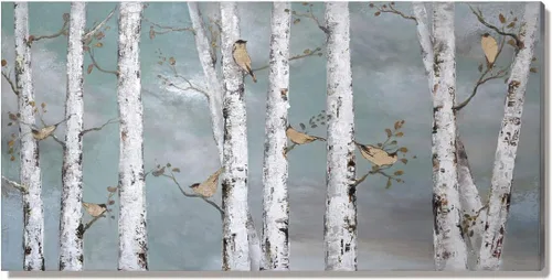 Vista 2 de AMATOP Arte de pared turquesa 100% pintado a mano, pintura al óleo de paisaje forestal en lienzo, obra de arte enmarcada original, pájaro dorado