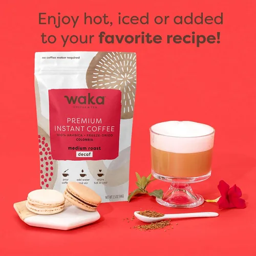 Vista 4 de Waka - Café instantáneo de calidad, tostado medio descafeinado, granos arábica y liofilizados. Bolsa de 35 porciones para café instantáneo caliente