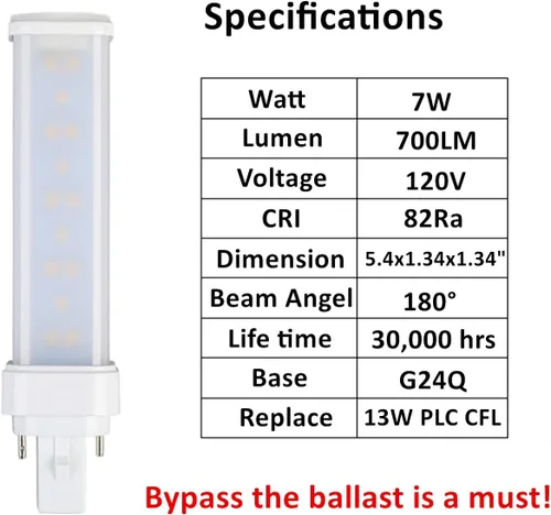 Vista 2 de SATZOL Bombilla LED G24q de 7 W, blanco cálido 3000K PLC-13W 4 pines G24q-1 de repuesto de bombilla fluorescente compacta, paquete de balasto