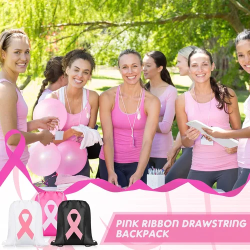 Vista 4 de Silkfly 100 unidades de mochila con cordón para concientización sobre el cáncer de mama, bolsas con cordón rosa a granel, bolsas con cordón