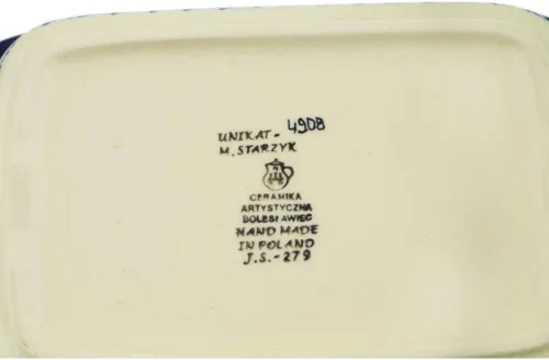 Vista 4 de Auténtica cerámica polaca rectangular Baker Signature UNIKAT en camachuelo en serbal diseño hecho a mano en Bolesławiec Polonia por Ceramika