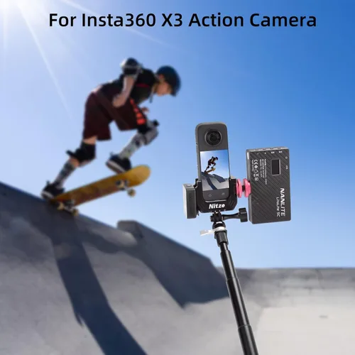 Vista 7 de Nitze Media jaula para Insta360 X3, con agujeros roscados de 1/4" y agujeros de ubicación, zapatas frías dobles y adaptadores de dedo plegables