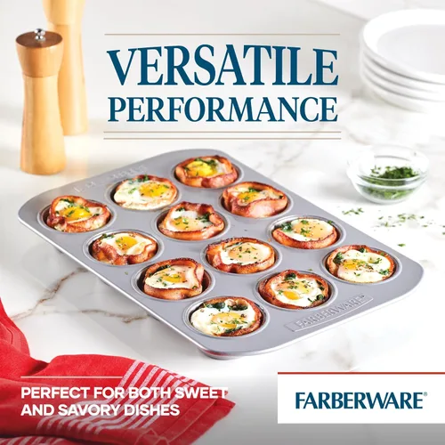 Vista 3 de Farberware, utensilio para hornear antiadherente, asadera para muffins (12 copas), color gris, Sartén para muffins, 12 tazas, ninguno , Gris