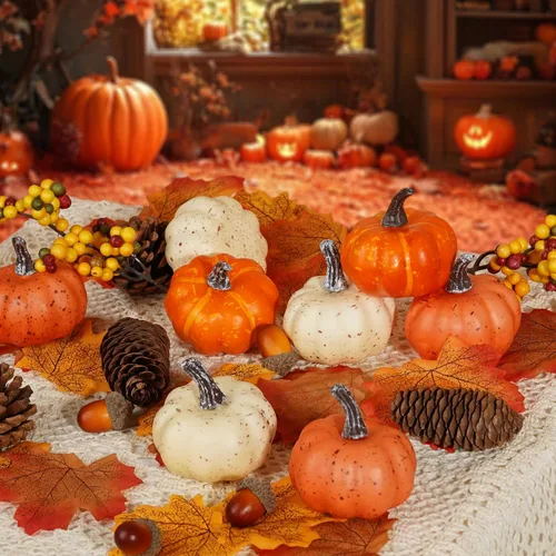 Vista 3 de Artmag - 51 piezas de calabazas artificiales, decoración de cosecha de otoño con bellotas, piñas, bayas, hojas de arce para decoración otoñal