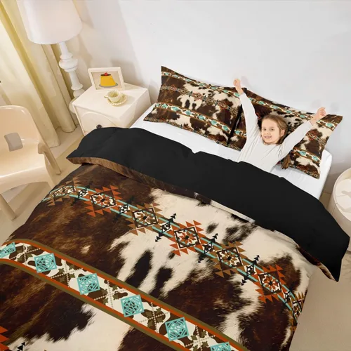 Vista 3 de Erosebridal Funda de edredón de piel de vaca marrón con estampado de vaca de las tierras altas, juego de ropa de cama occidental exótico azteca