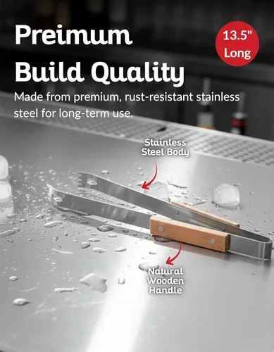Vista 3 de Pinzas para servir de acero inoxidable de 13.5 pulgadas con mango de madera natural, diseño elegante para hielo, barbacoa, ensalada y bufé, pinzas