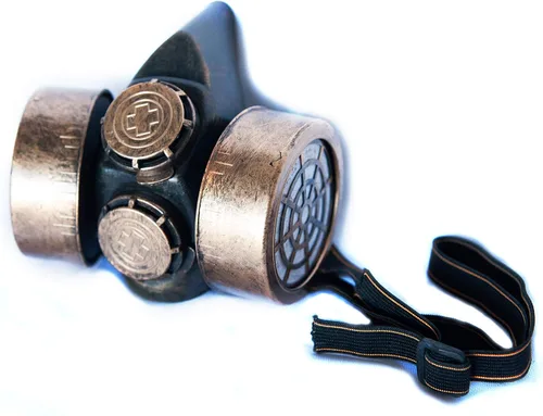 Vista 2 de Máscara de gas falsa para adultos, hombres y mujeres. Para raves, festivales, cosplay de Steampunk y disfraces. Cubre la mitad de la cara. Oro