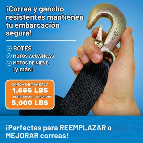 Vista 2 de Correa de cabrestante para remolque de barco con gancho, repuesto resistente para remolque de manivela manual, 2 pulgadas x 20 pies, capacidad