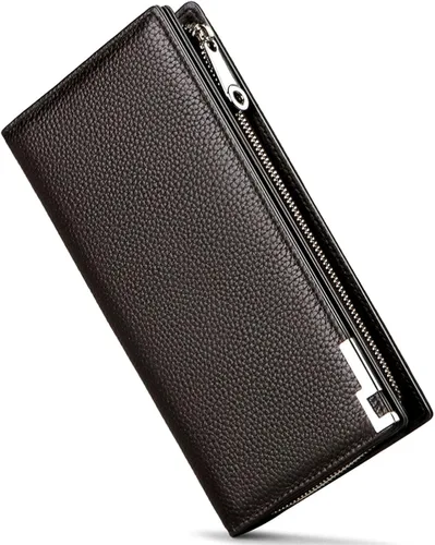 Vista 5 de Huztencor Carteras largas para hombre billetera plegable de cuero con bloqueo RFID y cremallera Cartera RFID