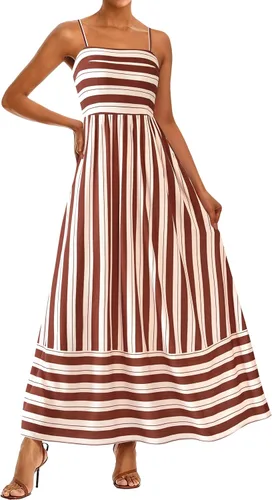 Vista 14 de PRETTYGARDEN Vestido largo de verano para mujer, con tirantes delgados, bohemio, floral, a rayas, para invitadas de boda, playa, vacaciones, vestido
